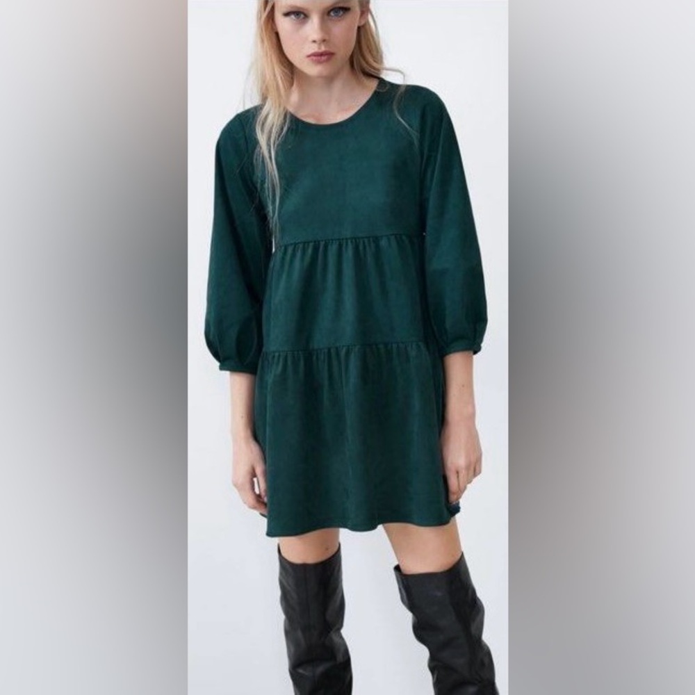 ZARA Faux Suede Tiered Baby Doll Dress w/ 3/4 Sleeves
